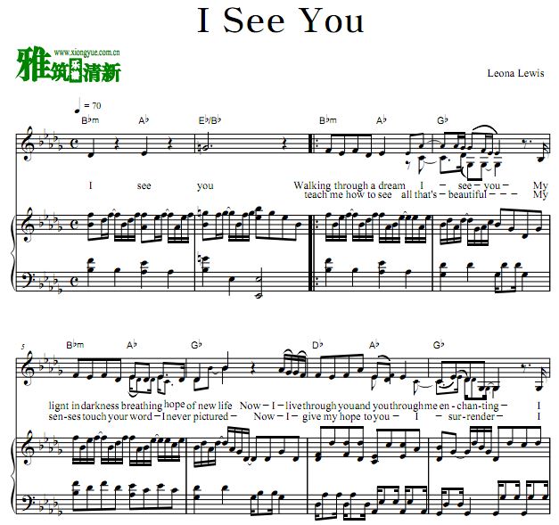 Leona Lewis - I See You歌谱 正谱 钢琴谱