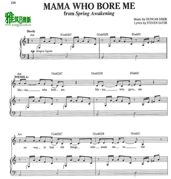 Spring Awakening 春之觉醒 春之苏醒Mama Who Bore Me钢琴伴奏谱
