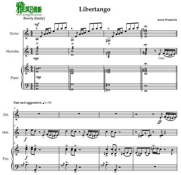 libertango 自由探戈 吉他马林巴钢琴三重奏谱