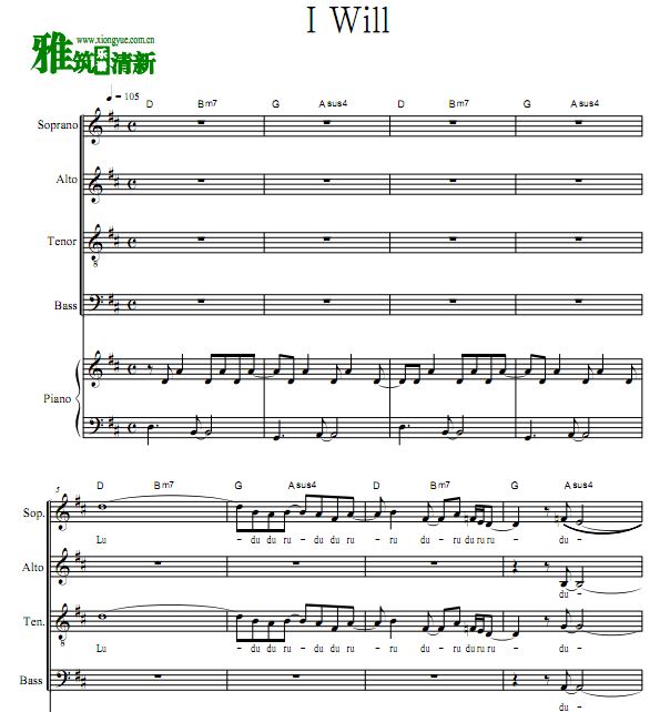 披头士 - I will 四声部合唱谱