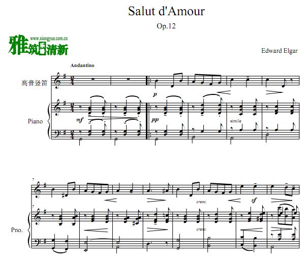 爱的致意 Salut d'amour 高音竖笛谱 钢琴伴奏谱