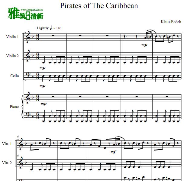 Pirates of The Caribbean 二小提琴大提琴钢合奏谱