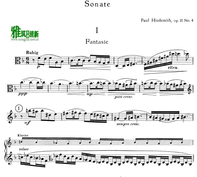 欣德米特中提琴奏鸣曲  Hindemith Viola Sonata Op.11 No.4中提琴谱