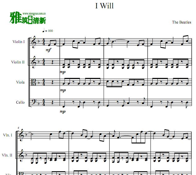 披头士 I Will 弦乐四重奏谱