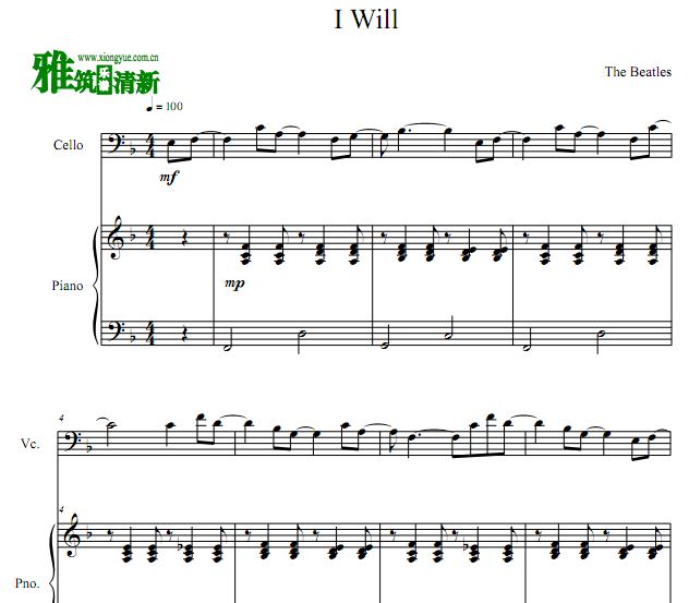 The Beatles 披头士 I Will 大提琴谱 钢琴伴奏谱