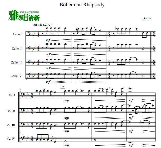 Bohemian Rhapsody 大提琴四重奏谱