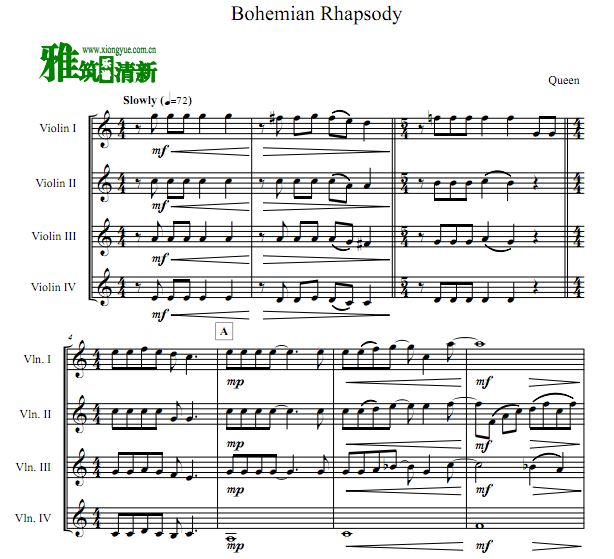 Bohemian Rhapsody 小提琴四重奏谱