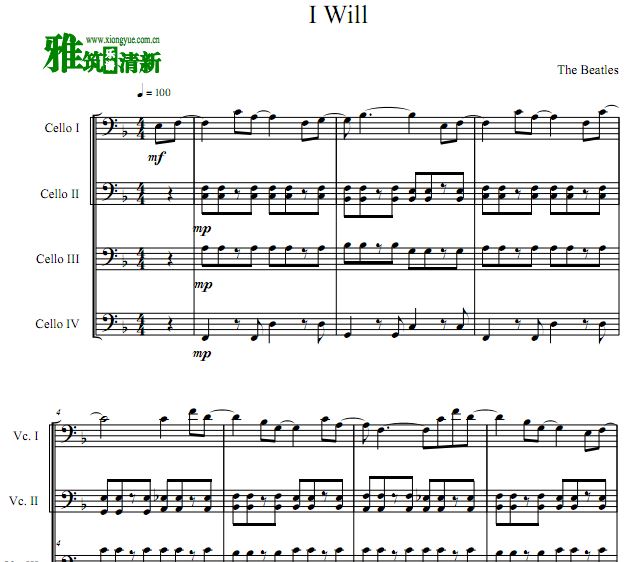  披头士 I Will 大提琴四重奏谱