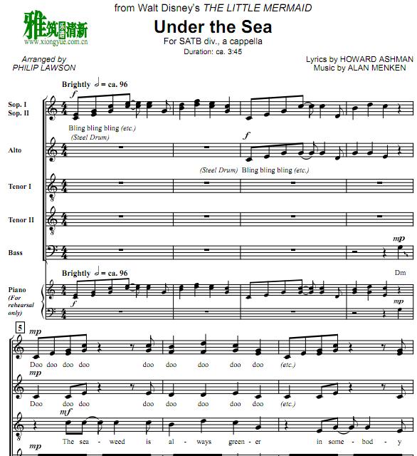 小美人鱼Under the Sea四声部合唱钢琴伴奏谱