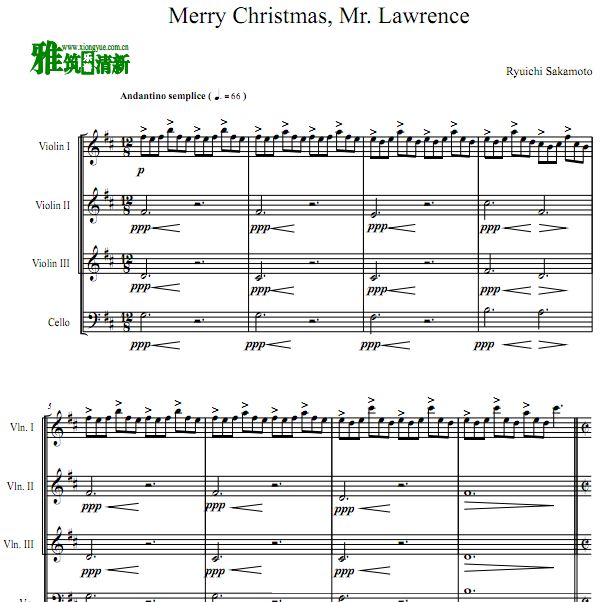 Merry Christmas Mr. Lawrence 小提琴大提琴四重奏谱 D调