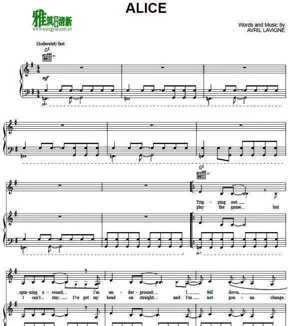 Avril Lavigne - Alice正谱 钢琴谱