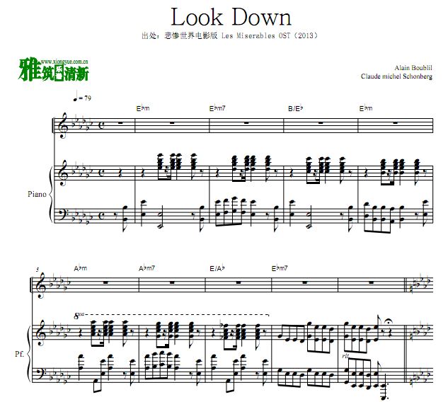 悲惨世界电影版 Look Down 声乐谱 正谱 钢伴谱