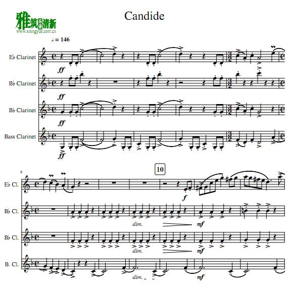 伯恩斯坦 overture to candide 单簧管四重奏谱