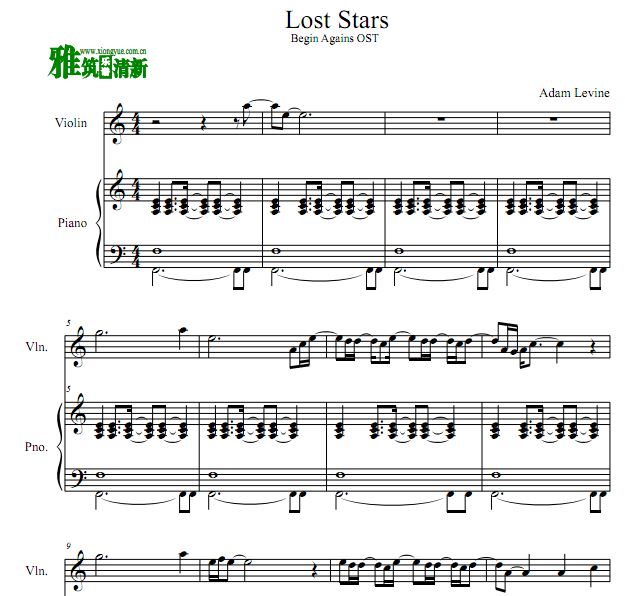 Begin Again插曲 Lost Stars 小提琴钢琴合奏谱