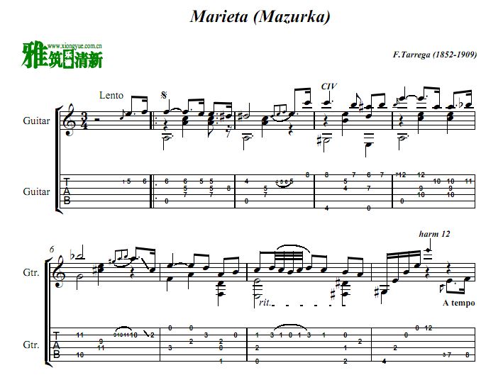 泰雷加 Marieta(Mazurka)吉他谱 指法谱