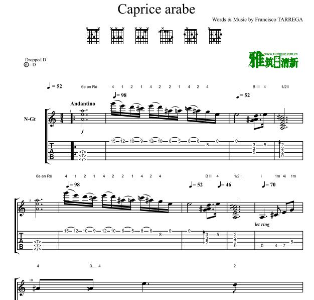 泰雷加Tarrega - Capricho Arabe 吉他谱（指法谱）