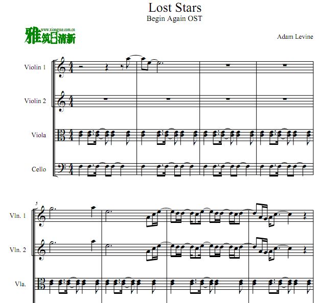 Begin Again - Lost Stars 弦乐四重奏谱