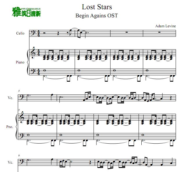 Begin Again插曲 Lost Stars 大提琴钢琴合奏谱