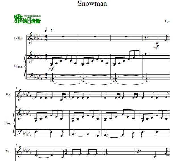 Sia - Snowman 大提琴钢琴合奏谱