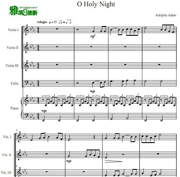 O Holy Night 圣善夜小提大提钢琴五重奏谱