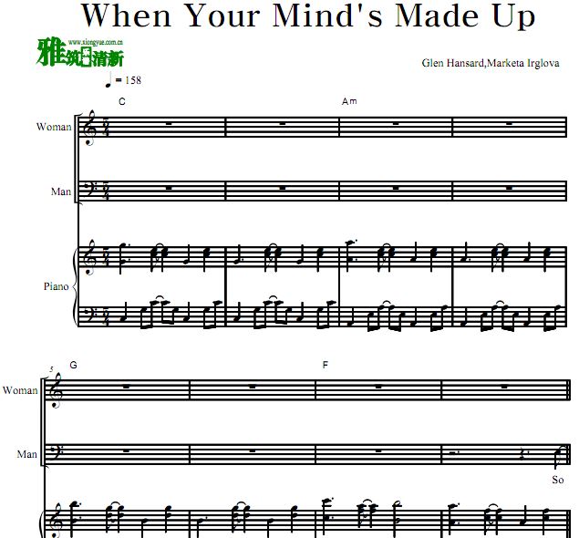 Once OST - When Your Mind's Made Up 钢琴弹唱伴奏声歌谱