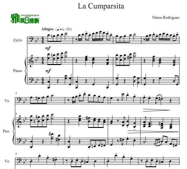 La Cumparsita 假面舞会大提琴钢琴合奏谱