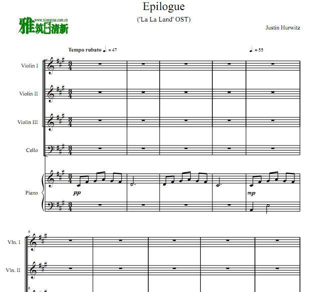 爱乐之城 Epilogue 小提大提钢琴五重奏谱