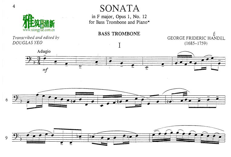 HANDEL SONATA IN F MAJOR.OPUSL.NO.12 FOR BASS TROMBONE 低音长号谱