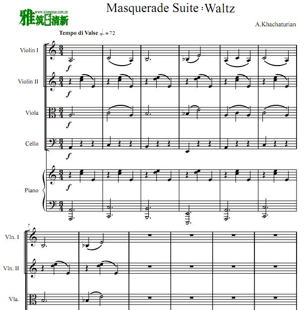哈恰图良 假面舞会组曲 华尔兹弦乐钢琴五重奏谱