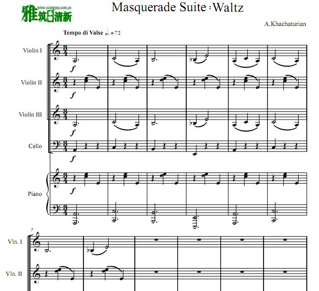 哈恰图良 假面舞会组曲 华尔兹弦乐钢琴五重奏谱
