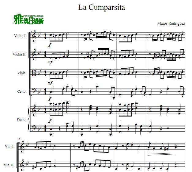 La Cumparsita 假面舞会弦乐钢琴五重奏谱