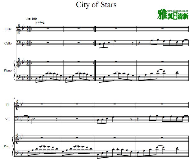 City Of Stars 长笛大提琴钢琴三重奏谱