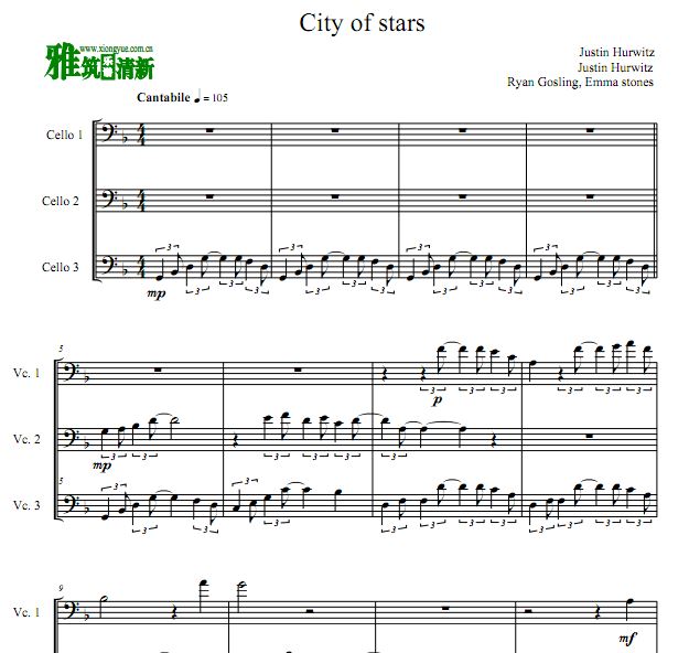 爱乐之城主题曲大提琴三重奏谱 City Of Stars 大提琴三重奏谱