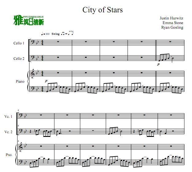 City Of Stars 大提琴钢琴三重奏谱
