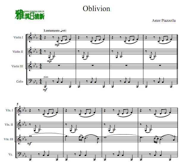 皮亚佐拉 遗忘 oblivion 三小提琴大提琴四重奏谱