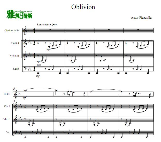 皮亚佐拉 遗忘 oblivion 单簧管小提琴大提琴合奏谱