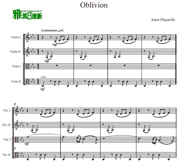 皮亚佐拉 遗忘 oblivion小提琴中提琴四重奏谱