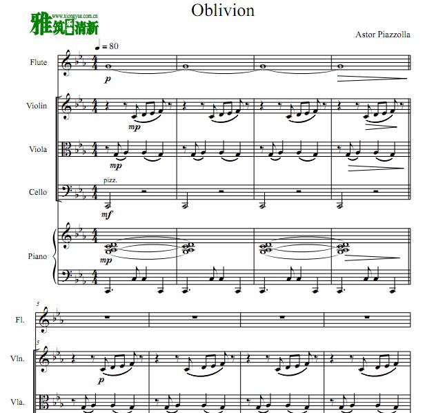 皮亚佐拉 遗忘 oblivion 管弦乐钢琴五重奏谱