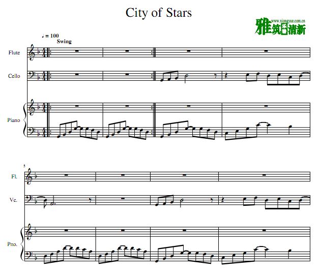 City Of Stars大提琴长笛钢琴三重奏谱