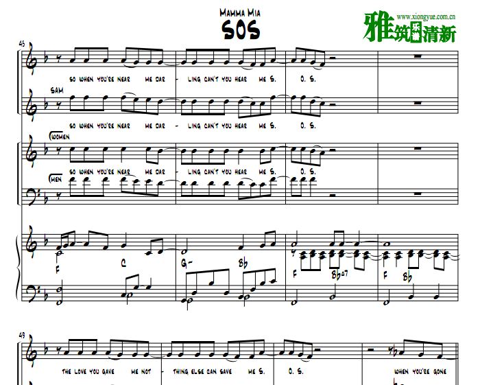 妈妈咪呀 SOS合唱谱 钢琴伴奏声乐谱