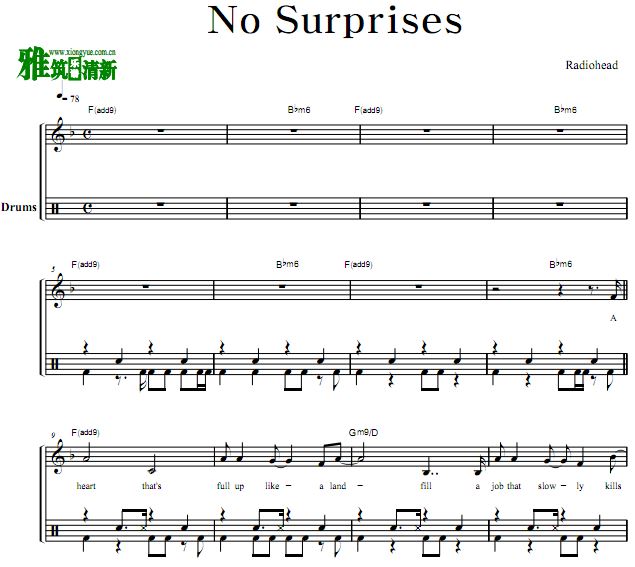 电台司令 - No Surprises 鼓谱