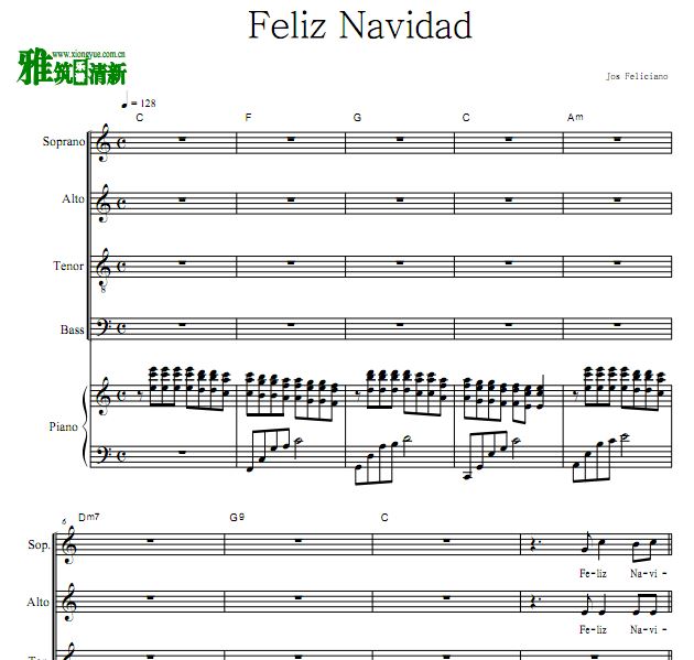 Feliz Navidad 四声部合唱钢琴伴奏谱