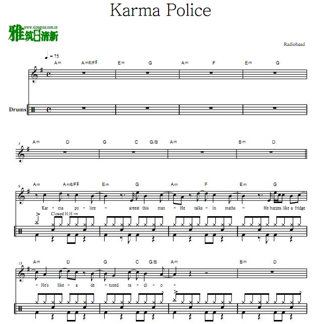 Radiohead乐队鼓谱 Karma Police 鼓谱