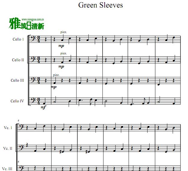 Green sleeves 大提琴四重奏谱