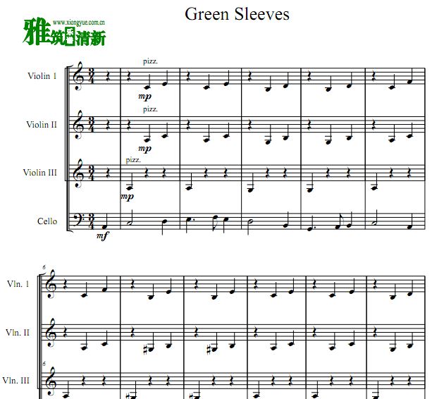 Green sleeves 绿袖子三小提琴一大提琴合奏谱