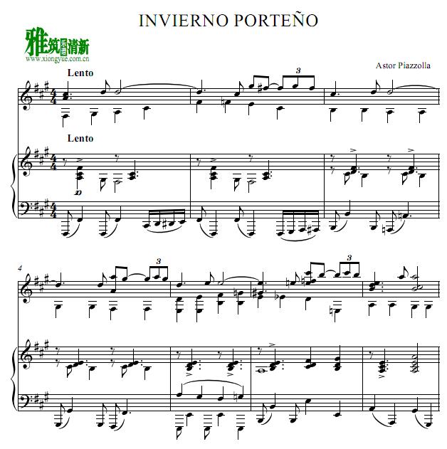皮亚佐拉 四季 冬 invierno porteo吉他钢琴二重奏谱