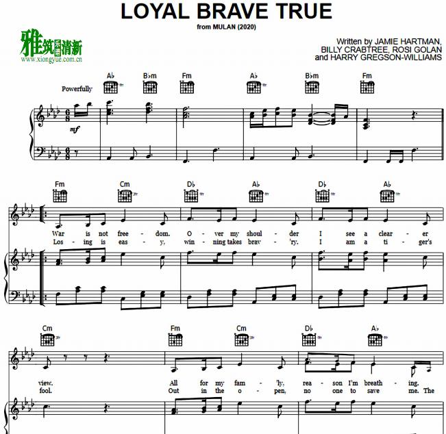 花木兰 Loyal Brave True钢琴谱
