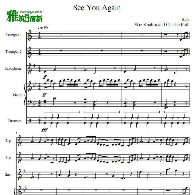 See You Again 双小号萨克斯钢琴鼓合奏谱