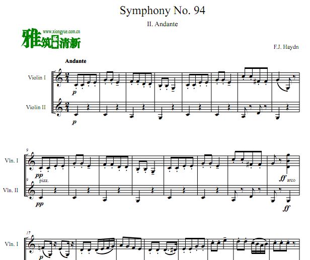 海顿 G大调第94号交响曲第2乐章小提琴二重奏谱