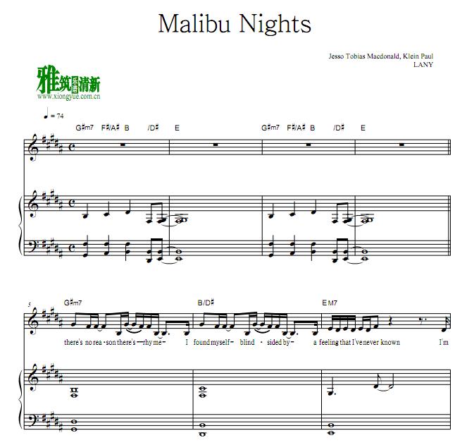 LANY - Malibu Nights钢琴伴奏谱